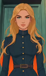 blonde haired female with long hair wearing a military dress