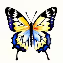 a beautiful butterfly on a white background, with a yellow and blue wings,the watercolor painting shows a butterfly with colorful wings,a colorful butterfly sitting on the floor,a large butterfly with blue and yellow wings,the butterfly has blue and yellow wings