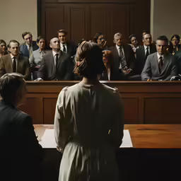 a woman sitting at a table in front of a group of people