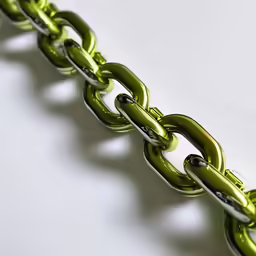 a shiny green chain is hanging on a white surface
