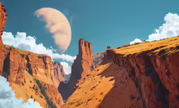 landscape photograph of landscape with mountains and a moon in background
