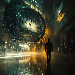 the image is very dark and shows people walking down the street