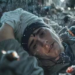 a man laying in the snow with head gear on