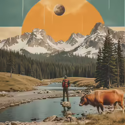 a man standing near a river while a cow stands in the water