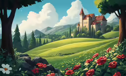 a painting of a country house sitting in the middle of a field