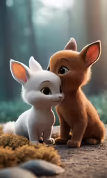 two dolls, a puppy and a kitten in the woods