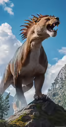 a giant dinosaur is standing on a rock