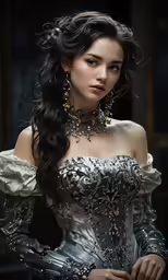 there is a woman with black hair wearing a fancy dress