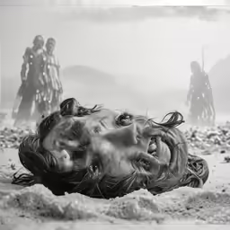 a man with an evil expression in the sand