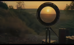 the sun is setting behind an industrial light