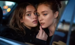 a pair of young women in the back seat of a car