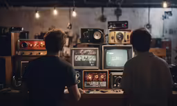 two boys looking at an assortment of televisions