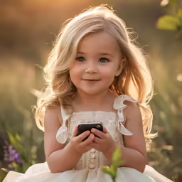 the child in the dress is playing on her cell phone