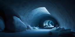 a tunnel in the ice with rocks and snow