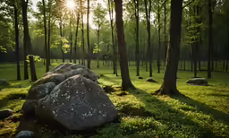 rocks and grass sit in the middle of a forest
