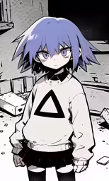 a drawing of a person with purple hair