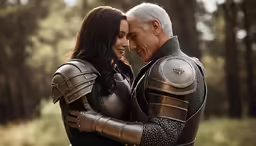 the couple embrace in knight armor while standing side by side