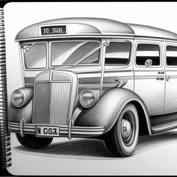 a drawing of a bus drawn on a spiral note book,a pencil drawing of a bus that is on display