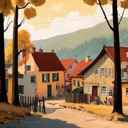 an old town street with yellow houses and mountains in the background,an image of an urban street setting with mountains in the background