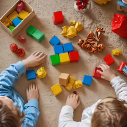 two kids play with building blocks and toys
