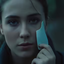 the girl is holding the knife to her face