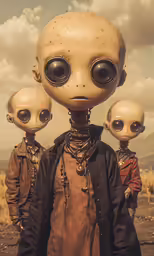 a man standing next to two creepy looking aliens