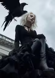 a woman with black clothing and a bird flying near her,a woman with white hair and black boots is posing in front of a building