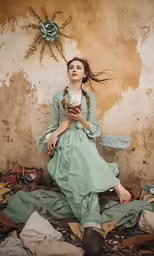 a woman in a green dress sitting on a bed covered in clothes