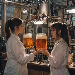 two women in lab coats holding beer glasses