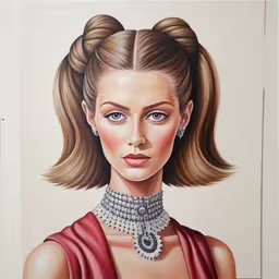 a painting of a model with long hair and silver jewels on her necklace,the painting shows a young girl wearing a large diamond necklace,a woman with short hair wearing pearls and earrings,a painting of a beautiful woman with a bun,a painting depicting a woman