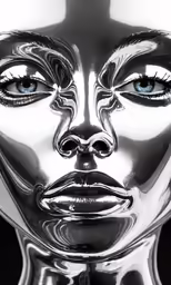 the face of a woman wearing a shiny silver metal mask