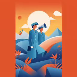 a poster of two people standing on a hillside