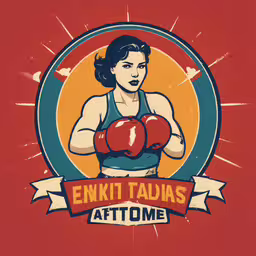a woman boxer boxing in an orange circle and an image of the logo for enktitatadas,a woman is boxing wearing an old school uniform