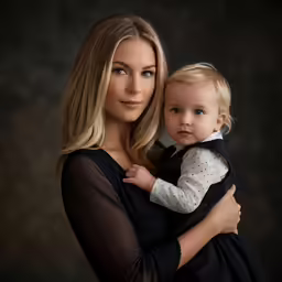a young blonde woman holding a baby in her arms