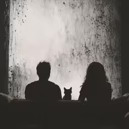 a couple sitting on a bed looking out the window