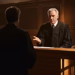 a judge giving a speech to a person at a table