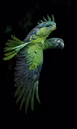 a green parrot in flight on black background