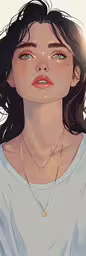 a woman in white shirt holding her head up,an illustration of a young woman with dark hair