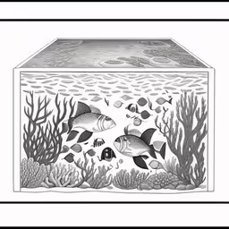 a penciled illustration of two fish in an ocean tank