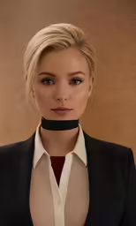 a woman in a suit is tied around her neck