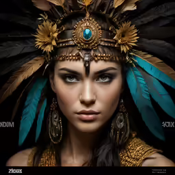 a woman in costume with feathers and a necklace