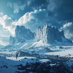 a mountain is covered in snow with the clouds above