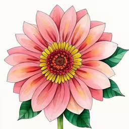 a pink and yellow flower with green leaves,a large flower that has green leaves on it,watercolor of a large pink and yellow flower,a flower with a pink and yellow center and green leaves,a drawing of a large pink flower with green leaves