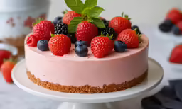 a berry cheesecake decorated with strawberries and blueberries