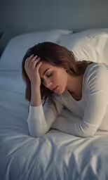 a beautiful woman sitting on a bed wearing white