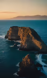 an orange cliff on the ocean with two large rocks