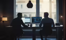 two men sit at a table working on their computers