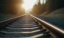 the silhouette of a man walking along railroad tracks in a wooded area
