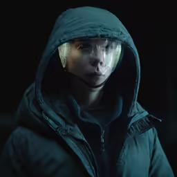 a person wearing a hoody stares down