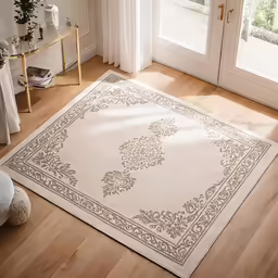 an indoor rug with an ornate border is on the floor